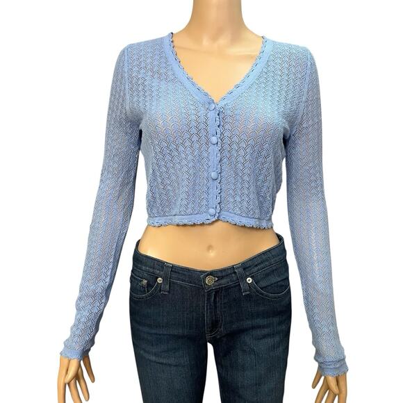 Boden Pointelle Cropped Cardigan XS Long Sleeve Light Blue Cottagecore Coquette - Picture 1 of 10